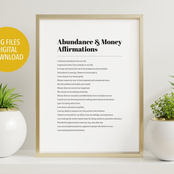 Abundance affirmations wall art, positive affirmations poster, financial freedom, money affirmations, law of attraction poster, wealth print