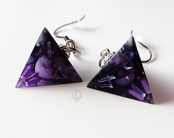 Necromancy -Purple- D4 Crystal Caltrop Earring Set (Silver Plated/Nickel Free Black Fish Hook Backings)