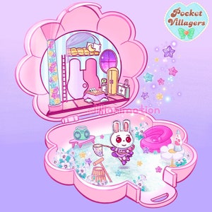 May include: A pink, flower-shaped toy playset with a bunny character inside. The playset has multiple rooms, including a bedroom and living area, with a variety of furniture and accessories. The text "Pocket Villagers" is visible.