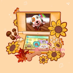 May include: Illustration of a tan Nintendo DS featuring a dog character from Animal Crossing. The screen shows a room interior. The image is decorated with sunflowers, mushrooms, and a bone-shaped cookie that says "Good Boy".