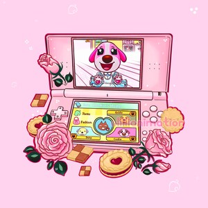 May include: A pink Nintendo DS console with a game screen showing a cartoon dog character. The image is decorated with pink roses, biscuits, and the text "Cookie's Home".