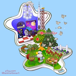 Peut inclure: Illustration fantaisiste d'une scène en forme d'étoile avec un intérieur sur le thème de l'espace et un jardin. Un astronaute, une fusée et des papillons sont représentés. Un personnage d'aigle fait griller du maïs. Le texte "etsy.com lillianimationart" est visible.