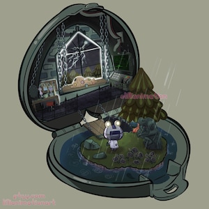May include: Illustration of a retro handheld toy with a miniature scene inside. The scene includes a robot character, a bridge, a statue, and a house with lightning. The toy is gray with a dark gray interior. The image has the text "etsy.com lillianimationart".
