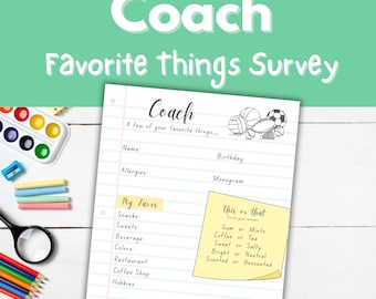 Coach Favorite Things Survey Printable | Sports Coach Gift Questionnaire | Team Appreciation | End of Season Gift Idea
