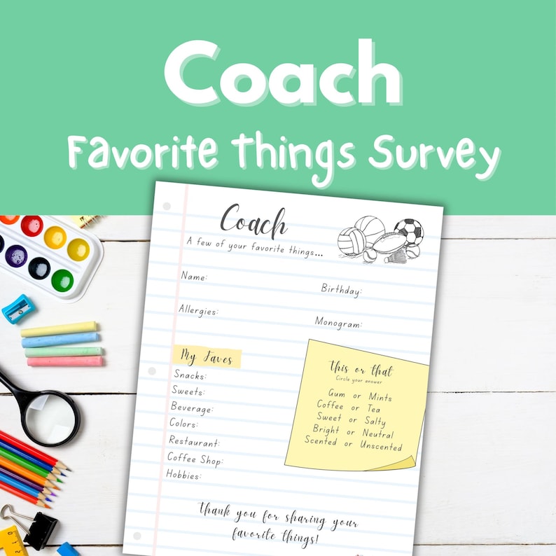 Favorite Coach Coach Favorite Things Survey Printable | Sports Coach Gift ...