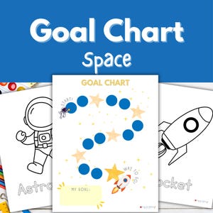 子ども向け宇宙目標チャート | 印刷可能な報酬チャートとボーナス塗り絵 | 宇宙飛行士とロケットのテーマ