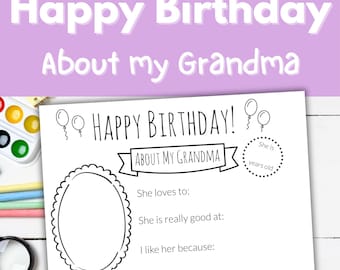 All About Grandma Printable, Grandma Birthday Coloring, Grandma Birthday Gift Questionnaire, Grandma Birthday Card