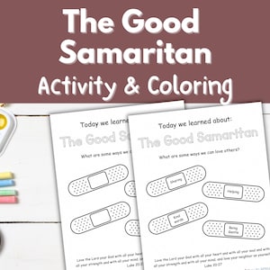 Może przedstawiać: Dwie karty pracy zatytułowane "The Good Samaritan Activity & Coloring" z tekstem i ilustracjami bandaży. Arkusze zawierają pytania dotyczące miłości do innych. Widoczne są farby akwarelowe, kredki i szkło powiększające.