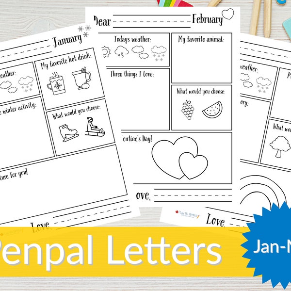 Printable Pen pal Kit for Preschool and Kindergarten, 3 month set of letters, Kids Pen Pal Letters