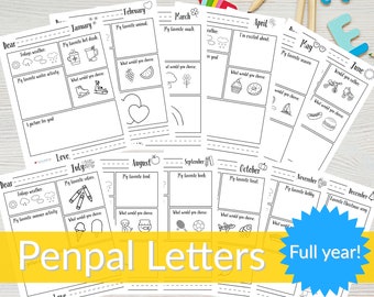 Printable Pen pal Kit for Preschool and Kindergarten, 12 month set of letters, Kids Pen Pal Letters