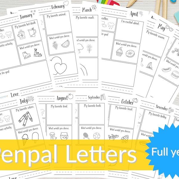 Printable Pen pal Kit for Preschool and Kindergarten, 12 month set of letters, Kids Pen Pal Letters