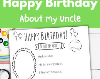 All About Uncle Printable, Uncle Birthday Coloring, Uncle Birthday Gift Questionnaire