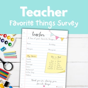 Teacher Favorite Things Survey | Teacher Questionnaire Form | Back to School Teacher Gift Idea | Teacher Appreciation Week Printable