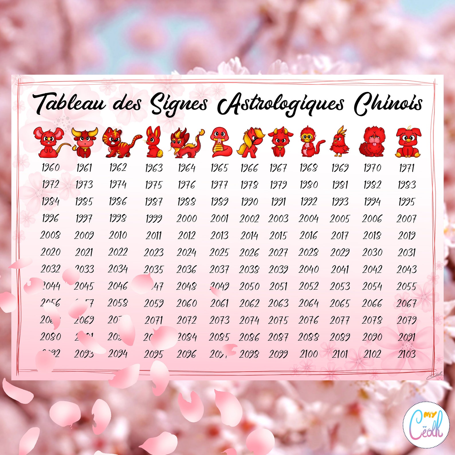 Tableau des Signes Astrologiques Chinois et son Marque Page Etsy