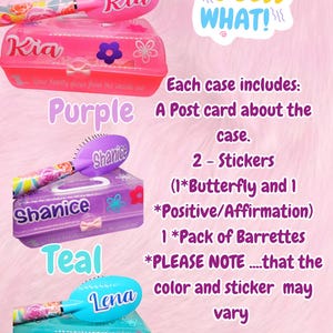 May include: Pink, purple, and teal hairbrush and case sets. Each set includes a brush with a name, a matching case, a postcard, two stickers, and a pack of barrettes. The text "Guess What!" is also visible.