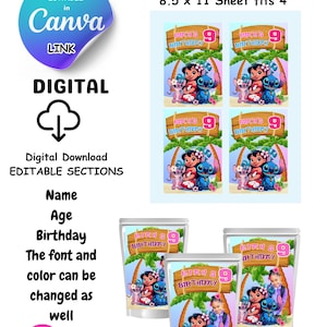 May include: Printable juice pouch label template featuring Stitch and Lilo from Disney's Lilo & Stitch. The template is designed for a 8.5 x 11 inch sheet and fits 4 labels. The text on the label says "Miah's 9th Birthday".