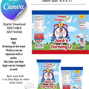 May include: Digital download birthday party chip bag design. The design features a train with the text "Chugga Chugga Two Two" and "Jack's turning 2". The sheet size is 21.6 x 27.9 cm. The design is editable in Canva.