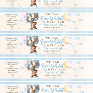 Peut inclure: Bannière de baby shower avec un ours en peluche tenant des ballons, des nuages et des étoiles. Le texte indique "We Can Bearly Wait To Meet You Cierra & Ali BABY SHOWER 12.15.2024" et "Merci de vous joindre à nous pour célébrer l'arrivée de votre petit."
