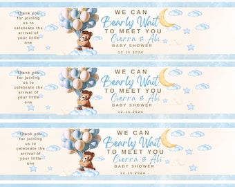 May include: Baby shower banner with a teddy bear holding balloons, clouds, and stars. The text reads "We Can Bearly Wait To Meet You Cierra & Ali BABY SHOWER 12.15.2024" and "Thank you for joining us to celebrate the arrival of your little one."