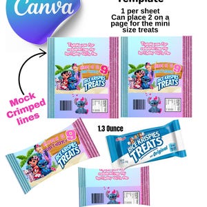 Peut inclure: Un modèle d'emballage pour les Krispies Treats, avec un design avec le texte "Merci de célébrer mon anniversaire avec moi". Le design comprend des personnages de dessins animés et les mots "Rice Krispies Treats". Le modèle est modifiable dans Canva.