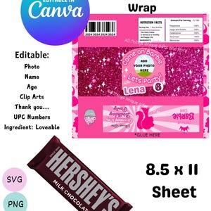 Puede incluir: Un envoltorio imprimible rosa y blanco para una barra de chocolate de 1,55 oz. El envoltorio presenta un fondo rosa con purpurina con un diseño de Barbie, que incluye el texto "Come on Barbie, Let's Party!" y un espacio para agregar una foto. El envoltorio también incluye el texto "All Things Unique Gifts and More."
