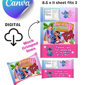 May include: Printable template for Ring Pop candy wrappers featuring a blue and pink Stitch and Angel character design. The template includes the text "Miah's 9th Birthday" and "Thank you for popping into party with me!" The template is designed to fit two wrappers on an 8.5 x 11 inch sheet of paper.