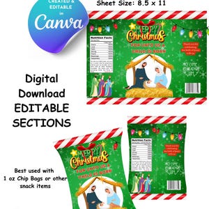 May include: Printable template for a Nativity-themed favor bag. The bag features a green background with a red and white candy cane stripe border. The front of the bag has a depiction of the Nativity scene with Mary, Joseph, and baby Jesus. The text "Merry Christmas" and "For unto us a child is born" is printed on the bag. The back of the bag has a nutrition facts label and a thank you message.