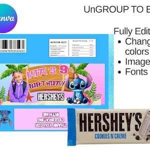 Op de afbeelding: Een blauw en roze verjaardagsontwerp met een Hershey's Cookies 'N' Creme chocoladereep. Het ontwerp bevat een foto van een meisje, het personage Stitch en de tekst "MIA'S 9th BIRTHDAY". De verpakking van de chocoladereep is zichtbaar.