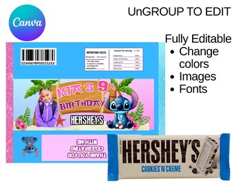 May include: A blue and pink birthday-themed design featuring a Hershey's Cookies 'N' Creme candy bar. The design includes a photo of a girl, the character Stitch, and the text "MIA'S 9th BIRTHDAY". The candy bar wrapper is visible.