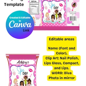 May include: A pink and white chip bag template with a spa day theme. The bag features a cartoon illustration of three girls in bathrobes and a mirror with the text "My beauty glows from the inside out." The text "Ashley's Spa Day" is at the top of the bag. The bag is editable with text and images.