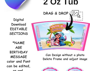 Personalized Cotton Candy Tub Wrap Party Favor, Birthday Stitch