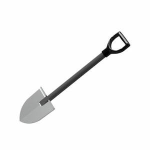 May include: A silver shovel with a black handle. The shovel has a pointed tip and a wide, flat blade.