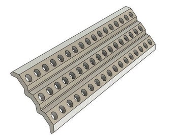 May include: A gray metal drywall corner bead with a series of evenly spaced holes. The bead has a wavy edge and a smooth, flat surface.