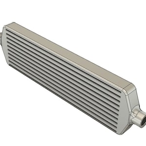 May include: A silver intercooler with a rectangular shape and a series of fins for cooling air.