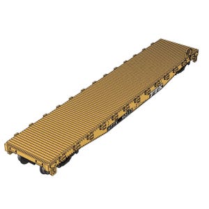 May include: A yellow flatbed railway freight car featuring a corrugated metal deck, black wheel assemblies, and side markings that read TTX 90117. The long, rectangular model train car has a series of small metal brackets along the side edges.
