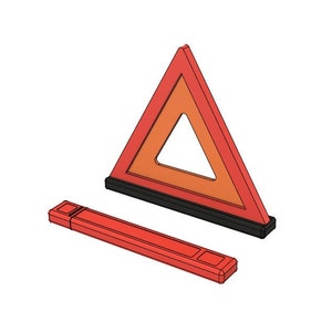 May include: A red and orange triangular warning sign with a black base and a reflective surface. The sign is folded and comes with a red storage case.