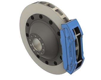 Op de afbeelding: Een 3D-geïllustreerde afbeelding van een auto-remassemblage. De assemblage heeft een zilverkleurige remschijf met ventilatiesleuven, een donkergrijze naaf en een felblauwe remklauw. De componenten zijn tegen een witte achtergrond geplaatst.