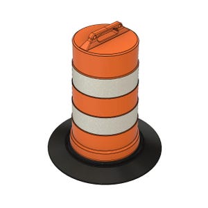 Peut inclure: Cône de signalisation orange et blanc avec une base noire et une poignée sur le dessus.