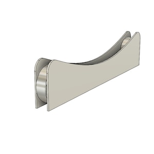 May include: A silver metal roller with a curved track, designed for use with a conveyor belt system.