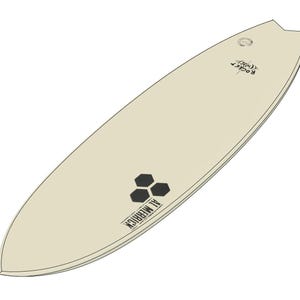 Könnte beinhalten: Ein weißes Surfbrett mit einem schwarzen Al Merrick Logo und dem Text "Rocket (Fish)" oben.