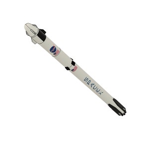 Op de afbeelding: Een witte en zwarte raket met de tekst "SpaceX" en het NASA-logo aan de zijkant.