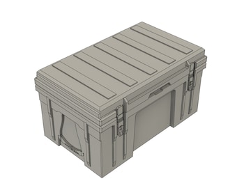 May include: A large, gray, plastic storage box with a hinged lid and multiple clasps. The box has a textured surface and is designed for outdoor use.