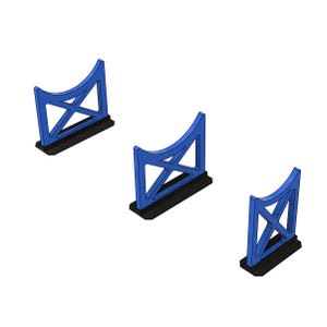 Puede incluir: Tres soportes de metal azul con una parte superior curva y un diseño en forma de cruz. Los soportes tienen una base negra.