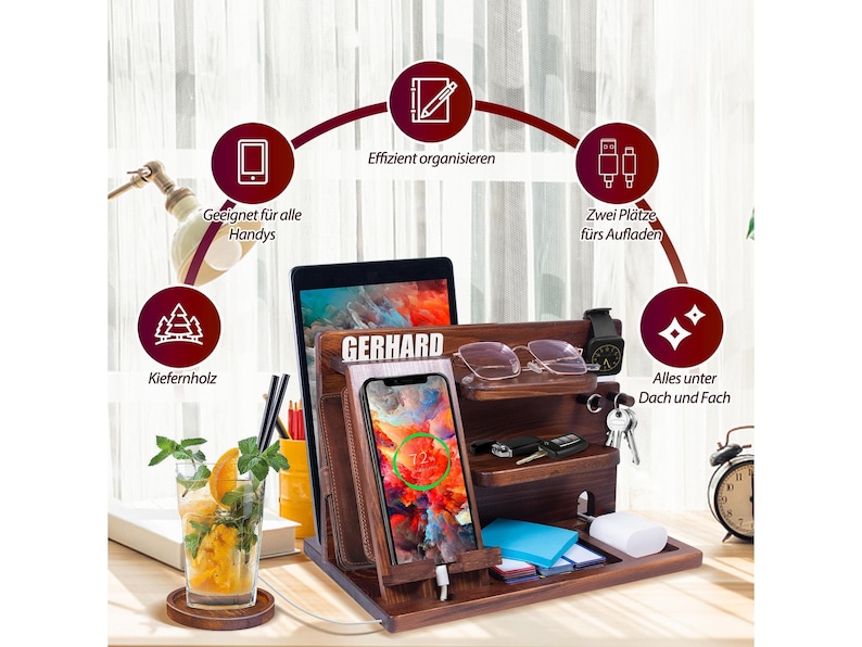 May include: A wooden desktop organizer with multiple compartments for storing items like phones, tablets, keys, and glasses. It features a charging station with two slots for charging devices. The organizer is made of pine wood and has a natural wood finish.
