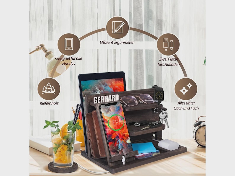 Personalized Wood Docking Station, Phone Stand, Desk Organizer (Custom Name) image 9