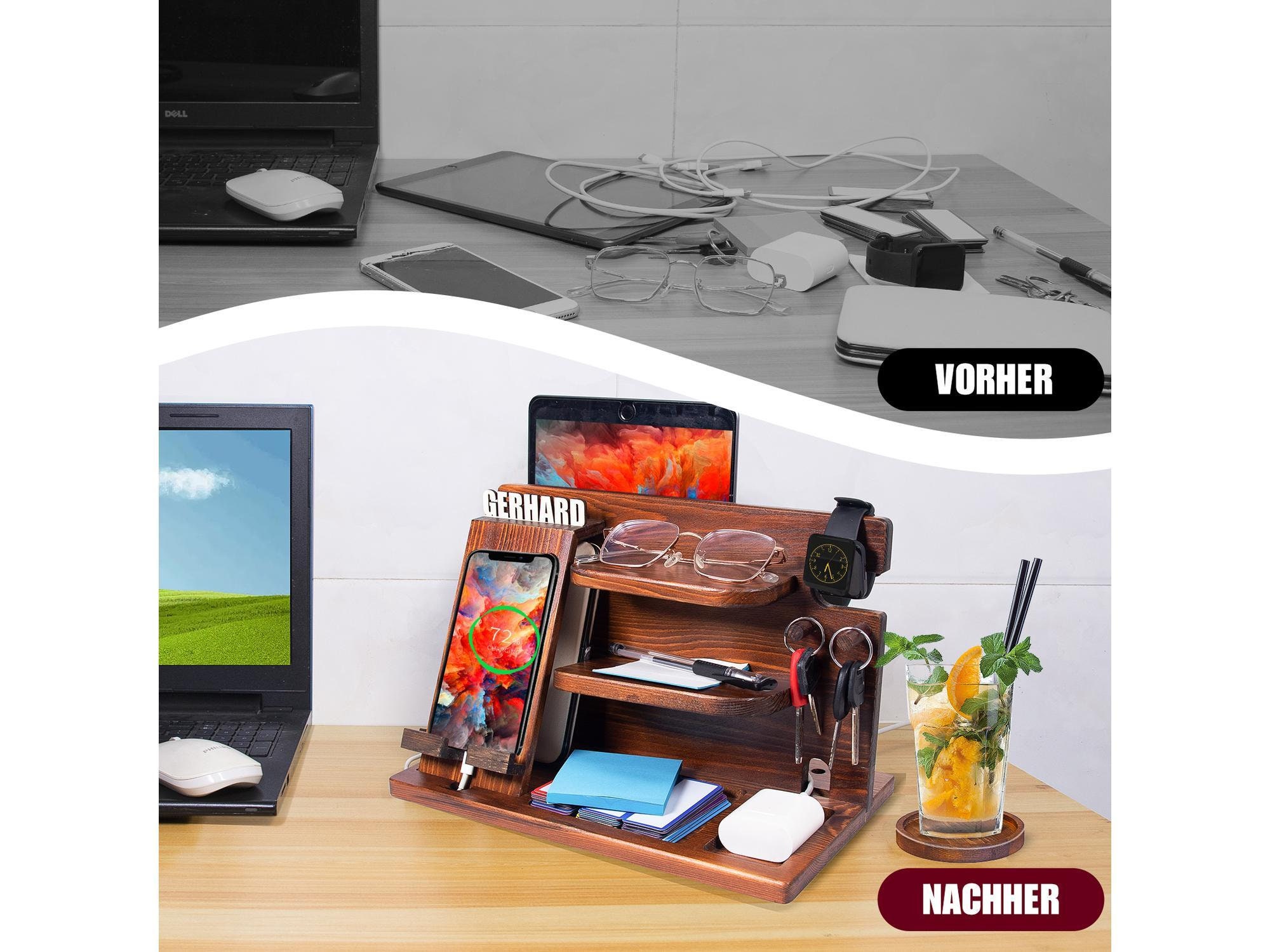 Personalisiertes Holz-Dockingstation Fürs Schlafzimmer – Mit Ladefunktion Für Handy, Uhr, Schlüssel & Brieftasche