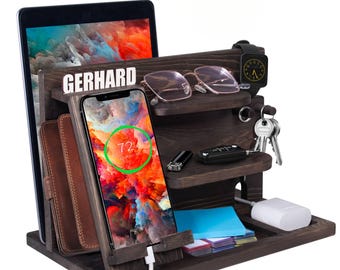 Soporte de madera personalizado para teléfono, bandeja organizadora con nombre personalizado, organizador de mesita de noche (regalo para él)