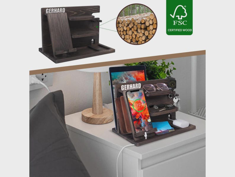 Personalized Wood Docking Station, Phone Stand, Desk Organizer (Custom Name) image 7