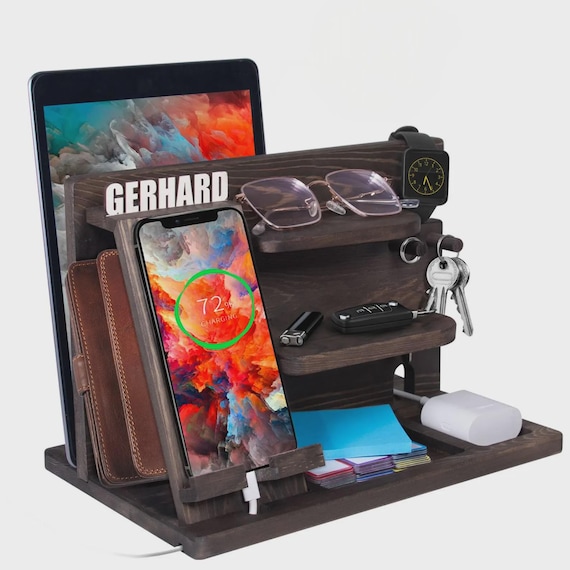 Personalized Gift for Him, Wood Docking Station, Husband Anniversary Gift, Boyfriend Birthday, Father's Day Desk Organizer, Wood Phone Stand