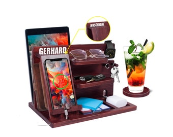 Personalisiertes Holz-Dockingstation Fürs Schlafzimmer – Mit Ladefunktion Für Handy, Uhr, Schlüssel & Brieftasche